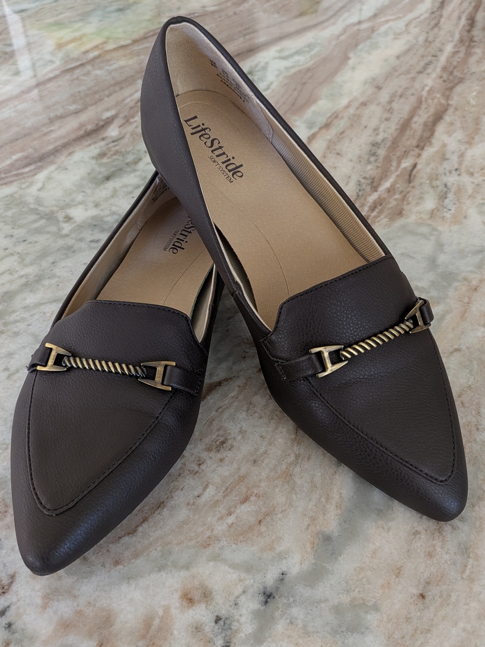 Life Stride Brown Pointed Toe Loafers with Gold Accent 9W